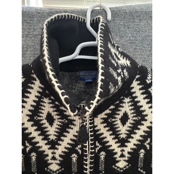 Pendleton Wool Zip Up Jacket Black White Geometric Navajo Style Size Medium - Picture 6 of 9